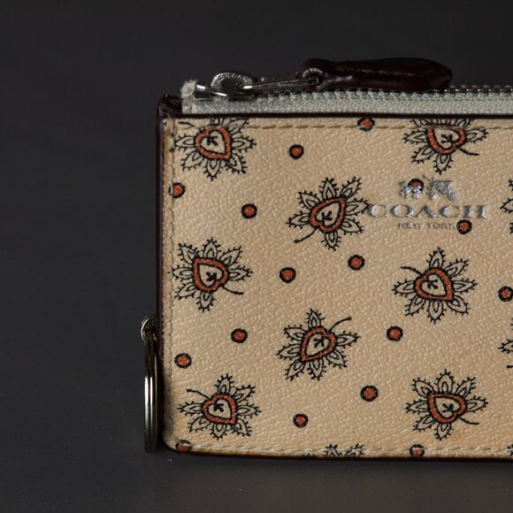 Coach Mini ID Wallet w/ Keychain | Mendi Floral Print {Paisley} Tan, Brown NWOT - Picture 4 of 4